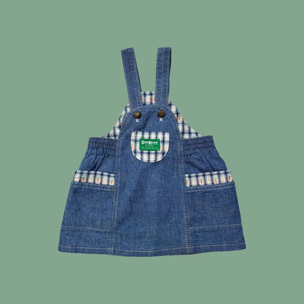 Vintage Oshkosh BGosh Chambray Carrot Easter Overall Dress, Made‎ in USA, Sz 12M